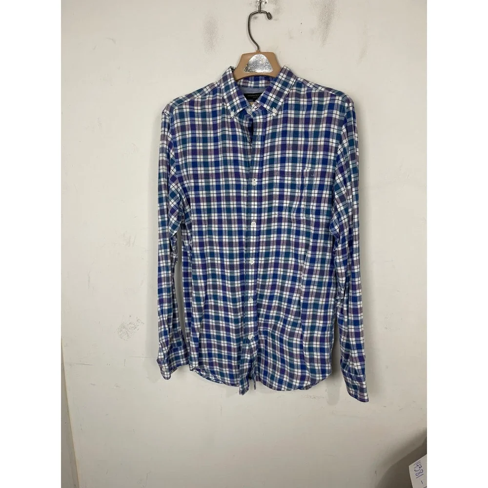 Banana Republic Mens Slim Fit Linen Cotton Plaid Button Down Shirt Blue Purple M